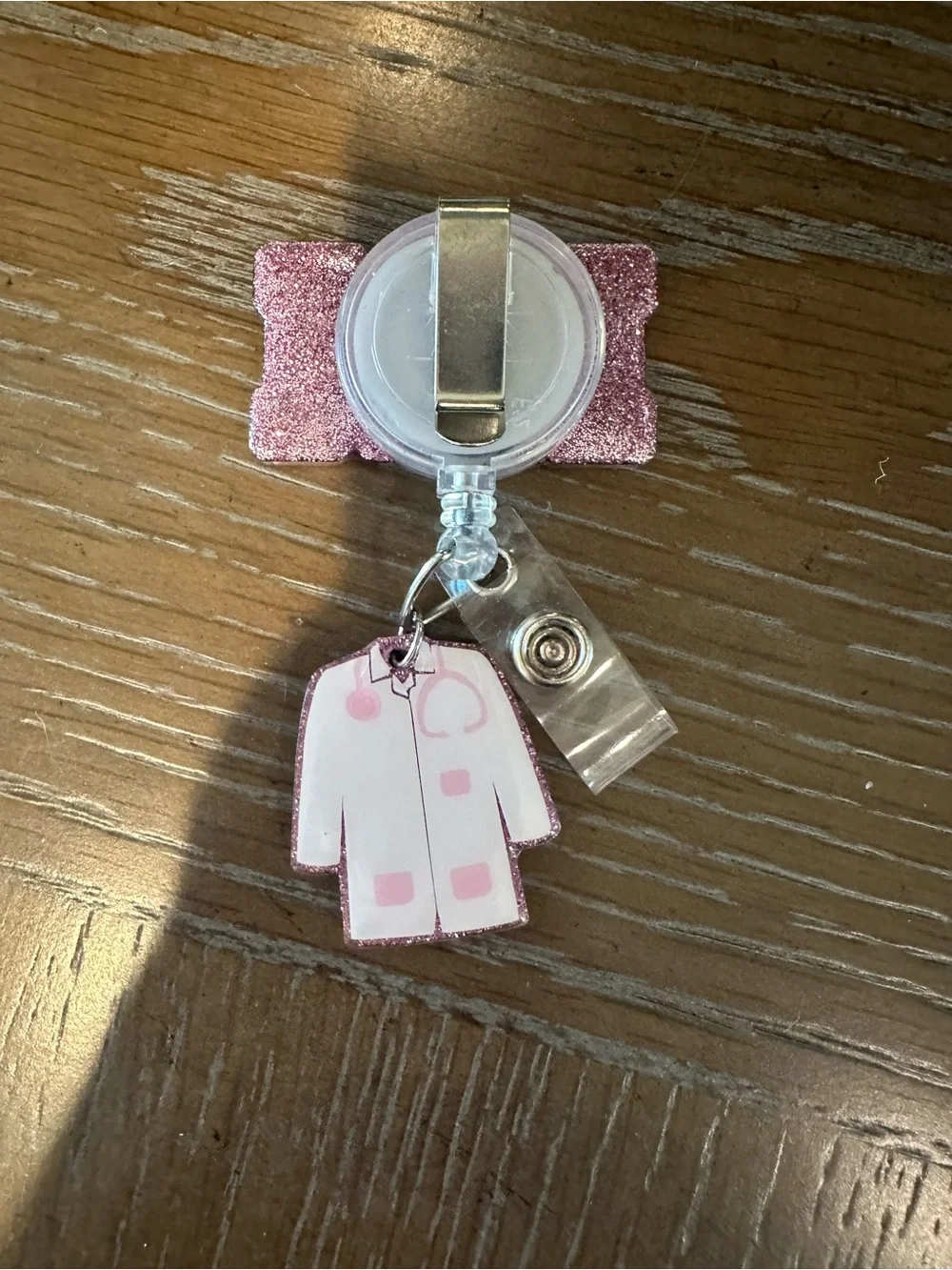 Pink RN Glitter Badge Reel with Medical Coat Charm